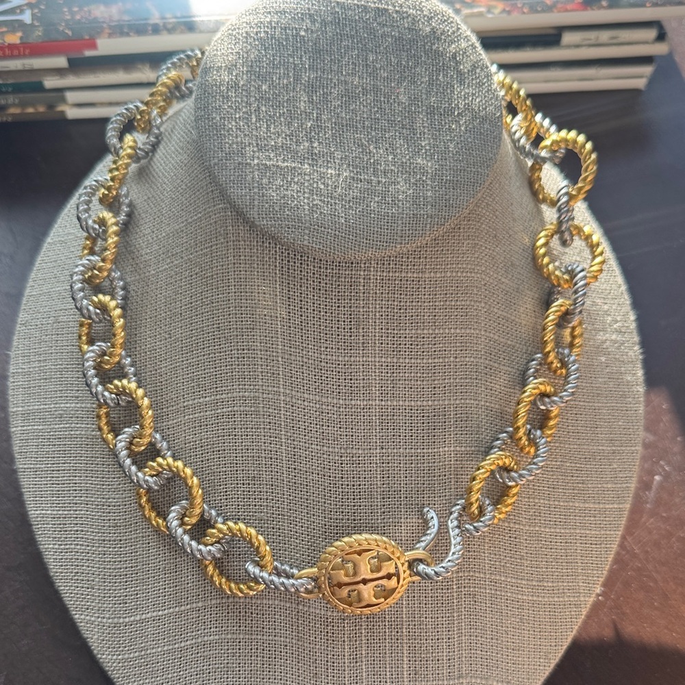 Tory Burch Two Tone Gold and Silver Textured Brass Rope Necklace $229 NWT